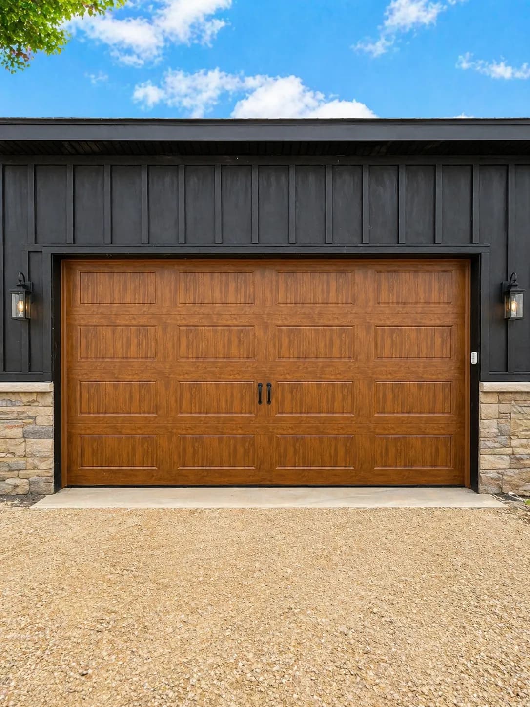 Stained wood carriage-style garage door in Austin TX