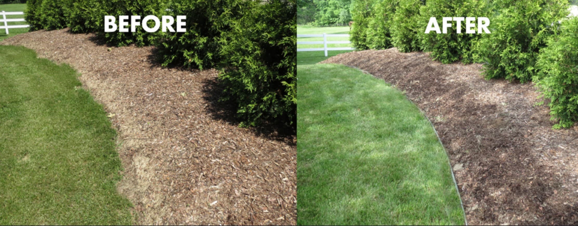 Garden beds with fresh mulch landscaping before and after in Dripping Springs TX
