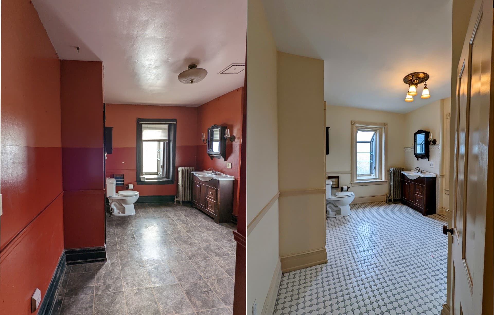 Bathroom repainted from bold red to neutral cream in Westlake Hills Austin TX