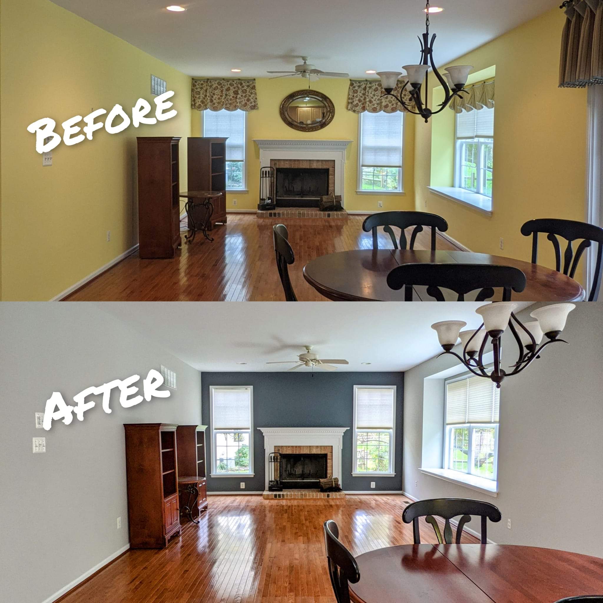 Living room accent wall painting before and after in West Austin TX