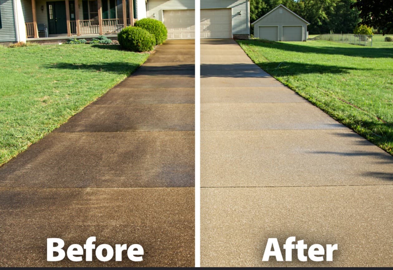 Driveway pressure washing before and after in West Lake Hills Austin TX
