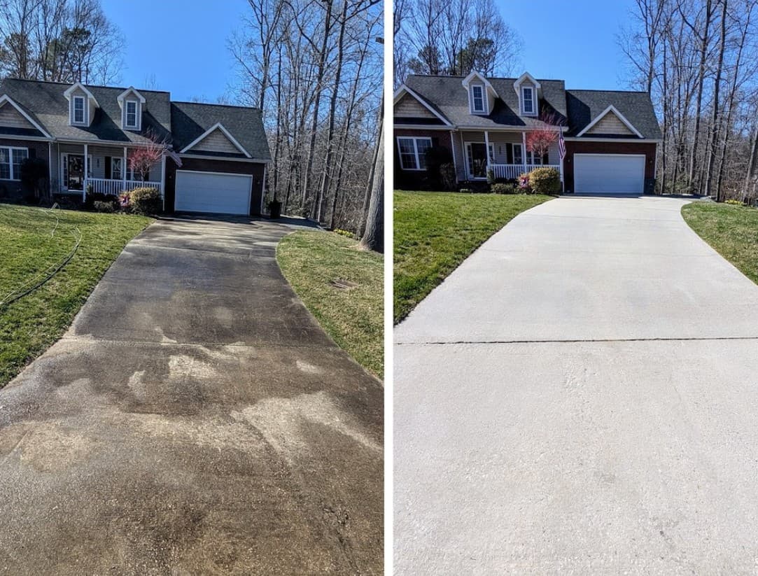 Concrete driveway pressure washing before and after in Barton Creek Austin TX