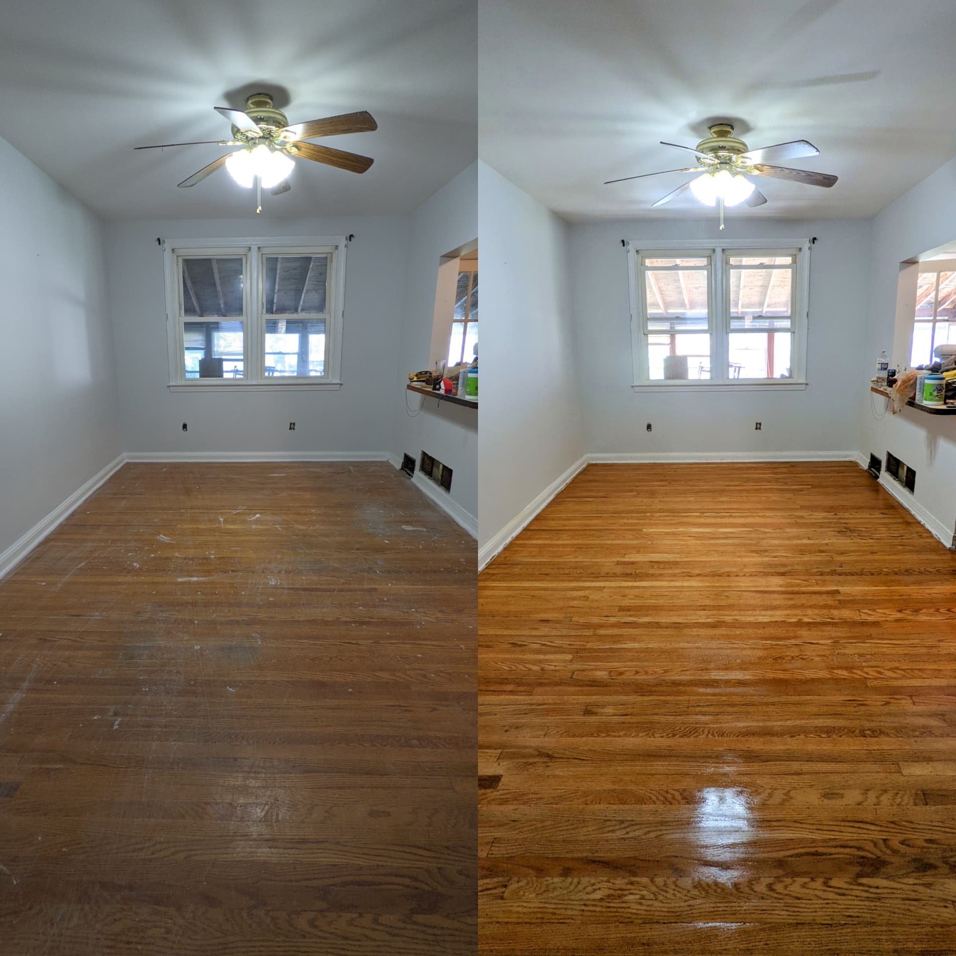 Bedroom floor refinishing before and after in Rollingwood Austin TX