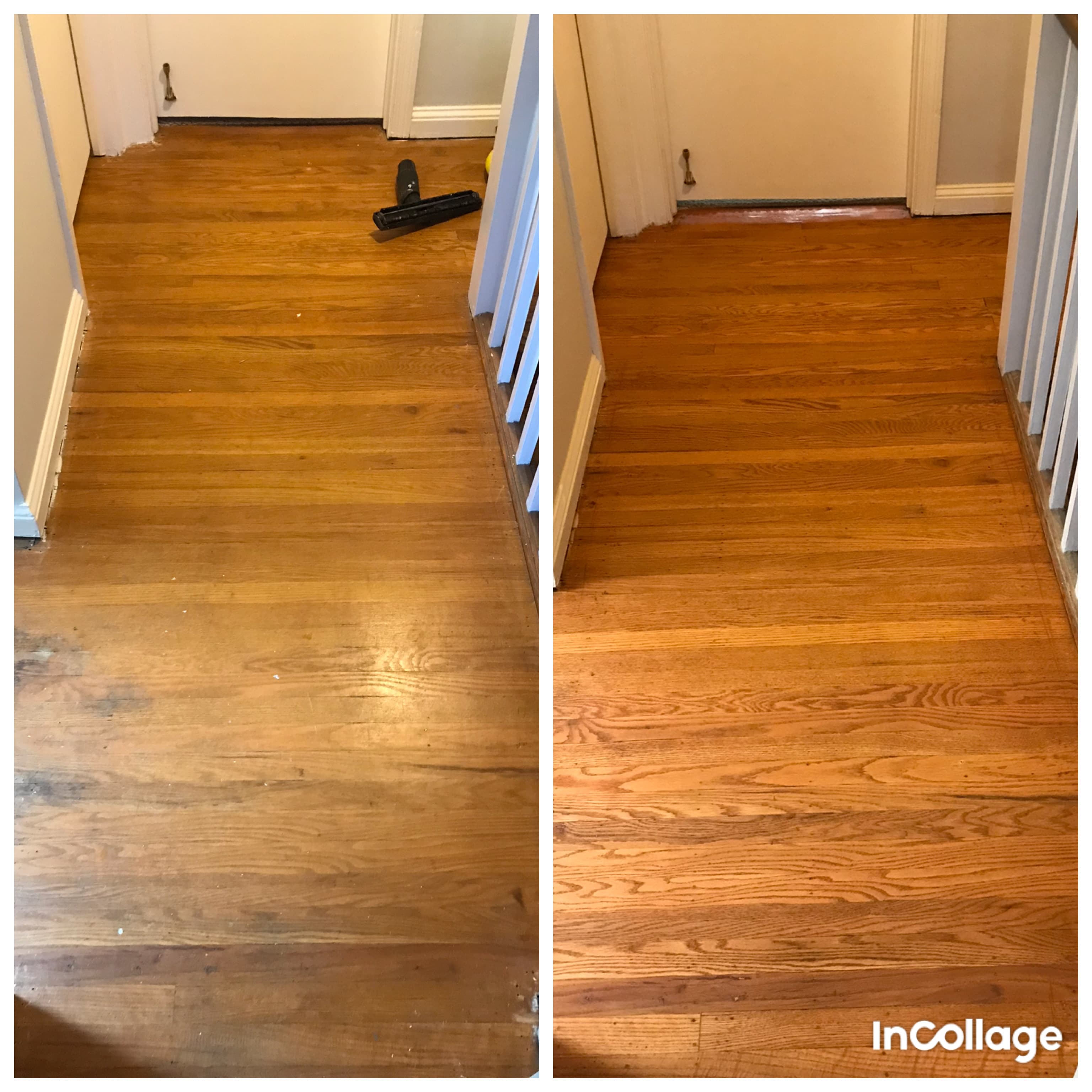 Hallway floor refinishing before and after in Barton Creek Austin TX