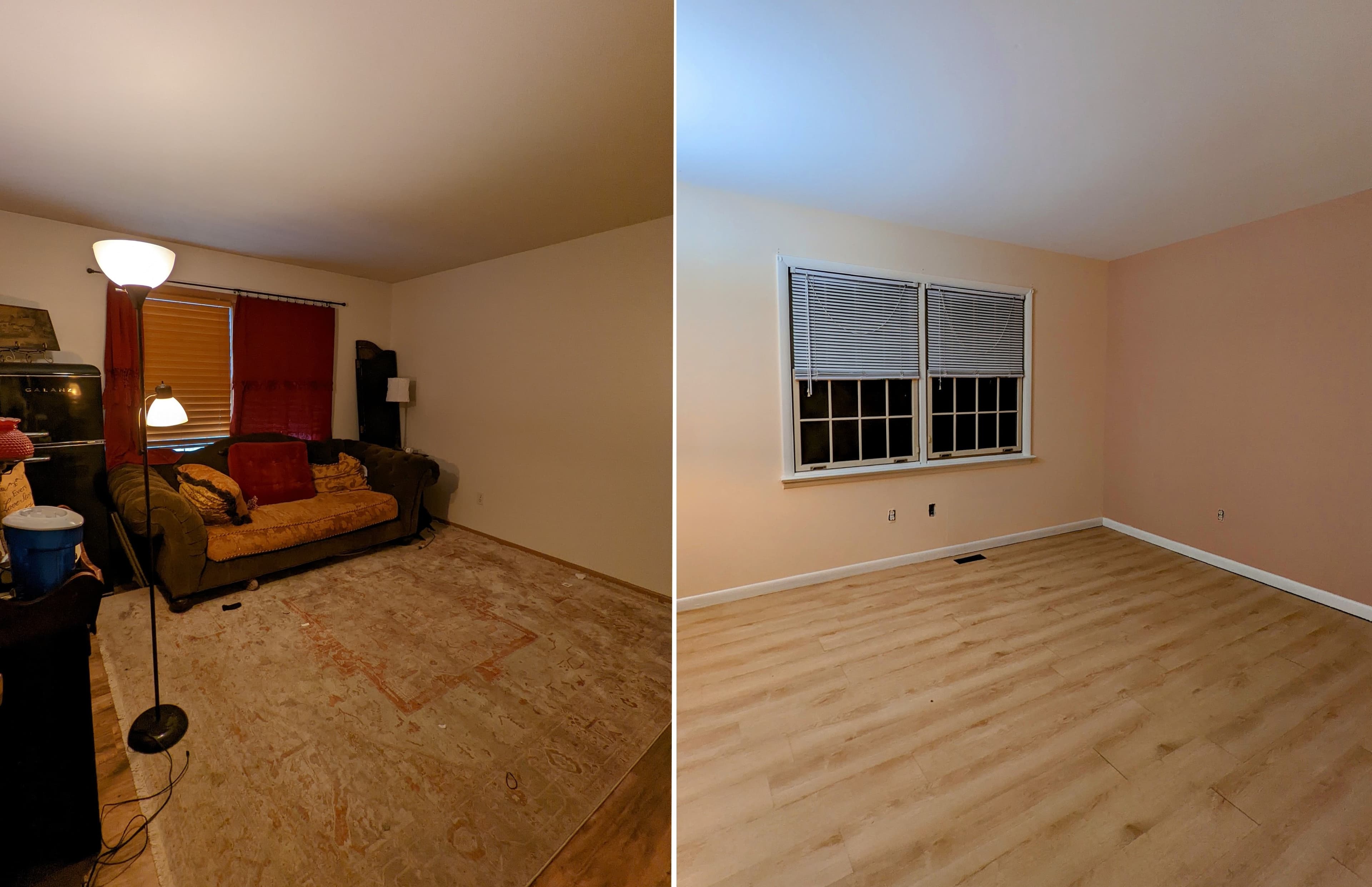 Living room floor renovation before and after in Steiner Ranch Austin TX